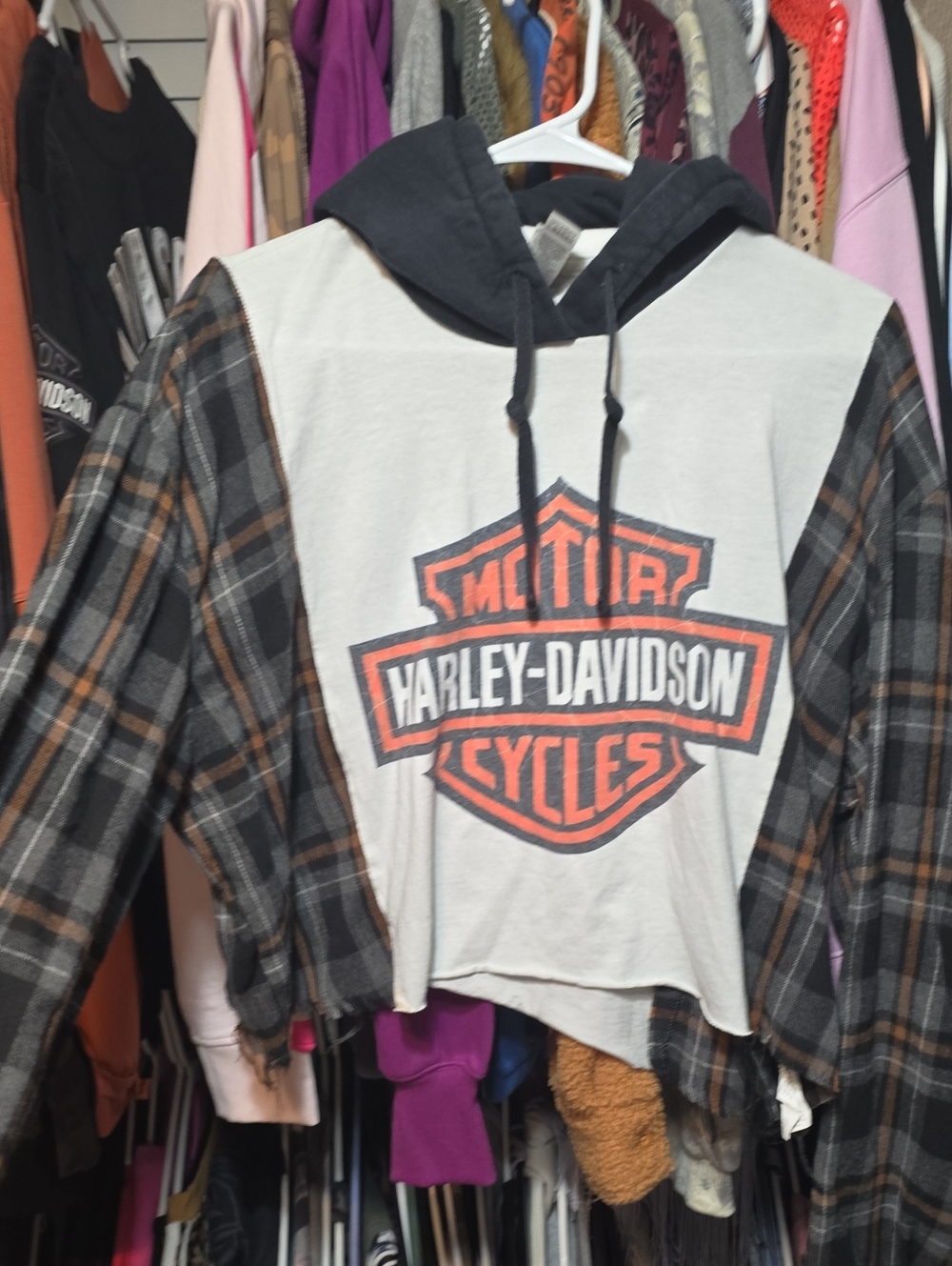 Harley-Davidson White Front Hooded Plaid Shirt with Orange Logo